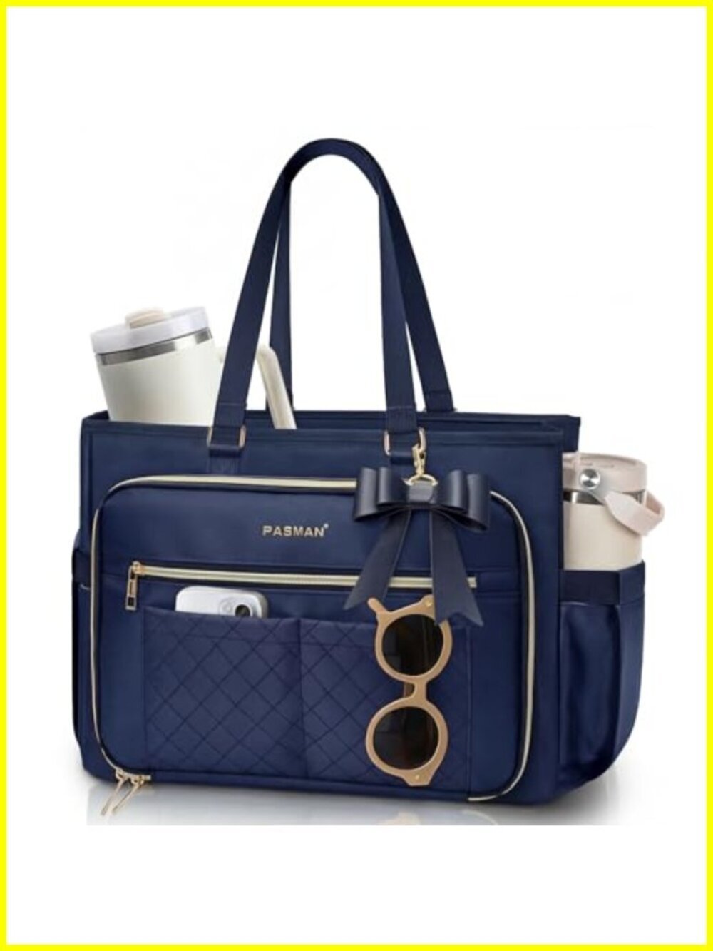 Structured Oxford Tote Bag for Women, Laptop Bag with Cup Holder